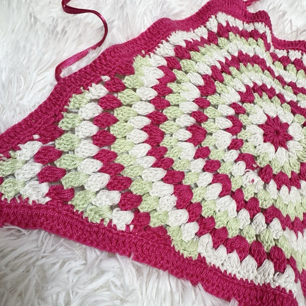 BP Pink White Green NEW Size XXS Handmade Crochet Handkerchief Festival Top - Picture 3 of 6
